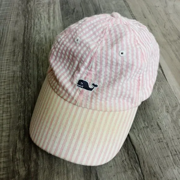 Vineyard Vines pink white striped seersucker baseball cap hat Vineyard Vines Pink Striped Green Checked Whale Women main image 2